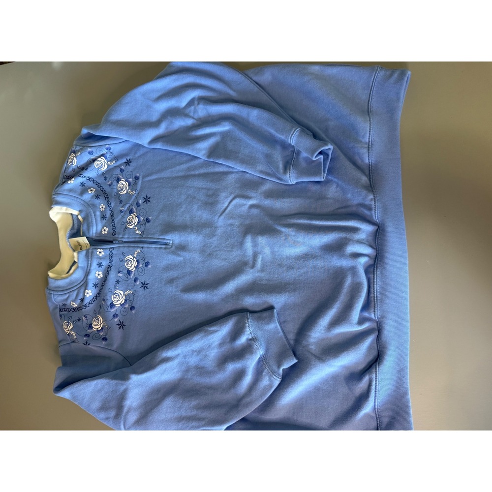 Vintage Blair Floral Embroidered Quarter Zip Sweatshirt Blue 2XL Cottagecore